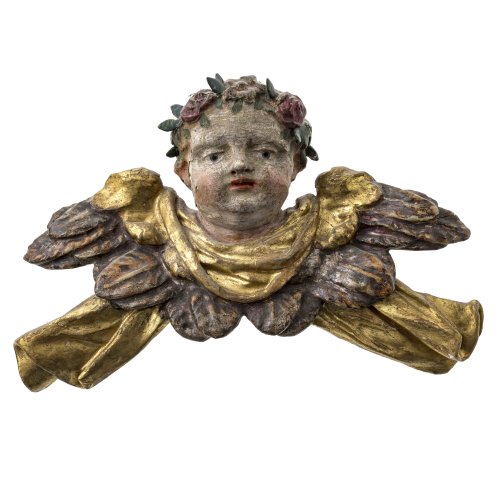 Engelskopf mit Tuchdraperie. Holz, übergangene Farb- und Goldfassung. Leicht besch. H. 15 cm.
