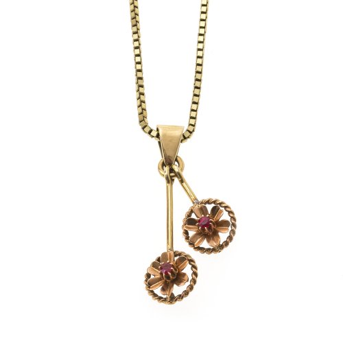 Kette mit Anhänger (RG,GG). Blütenbesatz mit Granatbesatz. Rep.