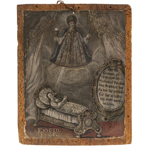 Votivtafel. Heilung im Krankenbett, auf Wolkenbank hl. Barbara. Süddeutsch. Besch., Rahmenleiste fehlt. 27 x 22 cm.