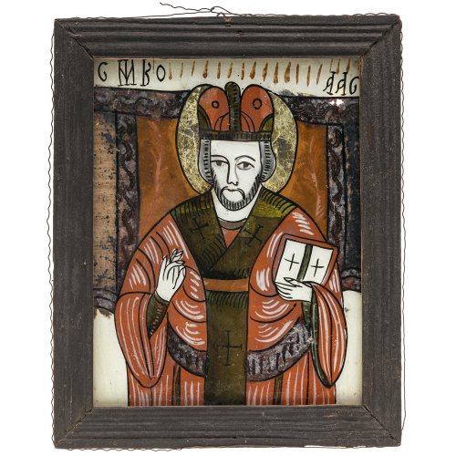 Hinterglasbild. Rumänien. Hl. Bischof. Tempera/Glas. 23 x 18 cm. Farbabsplitterungen.