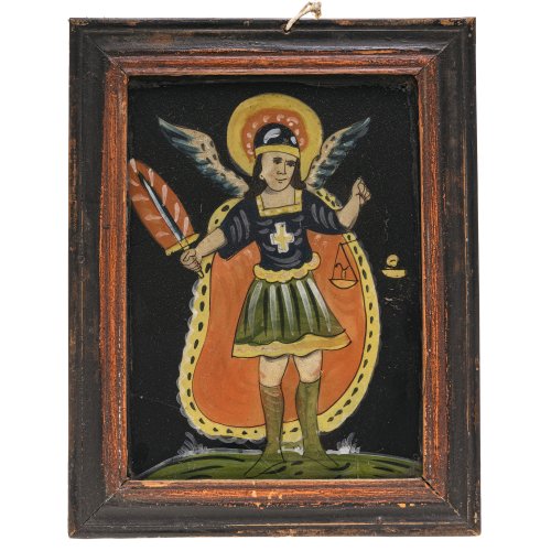 Hinterglasbild. Raimundsreut. Hl. Michael. Tempera/Glas. 22 x 16 cm.