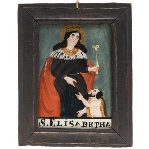 Hinterglasbild. Buchers oder Sandl. Hl. Elisabeth. Tempera/Glas. 17,5 x 12 cm.