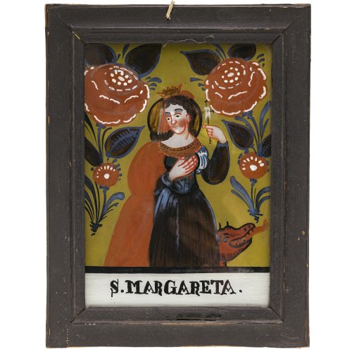 Hinterglasbild. Buchers oder Sandl. Hl. Margareta. Tempera/Glas. 20 x 14 cm.