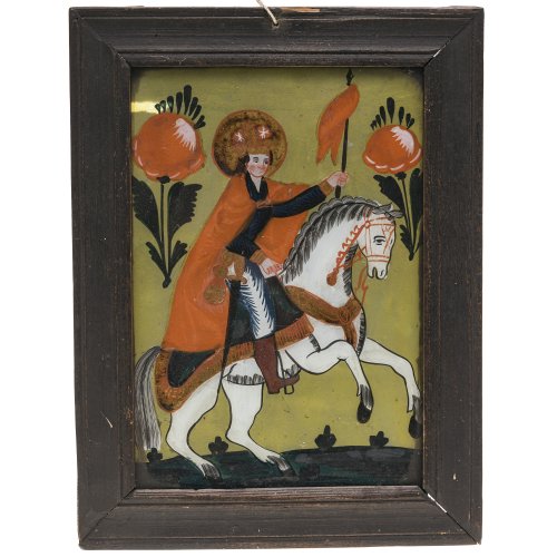 Hinterglasbild. Buchers oder Sandl. Hl. Wenzel zu Pferd. Tempera/Glas. 25 x 17 cm.