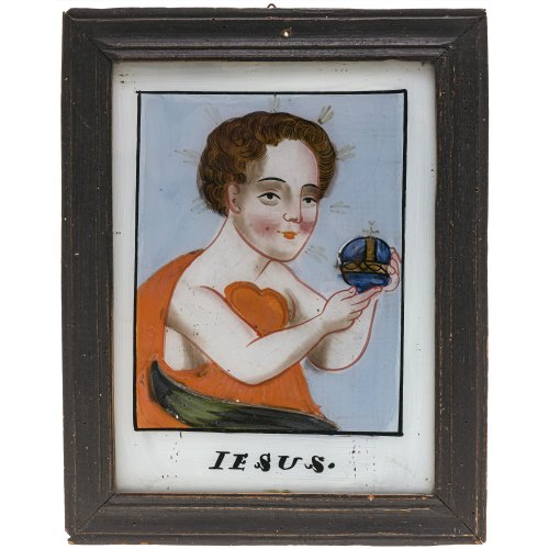 Hinterglasbild. Außergefild. Jesuskind mit der Weltkugel. Tempera/Glas. 24,5 x 18,5 cm.