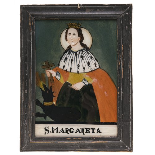 Hinterglasbild. Buchers oder Sandl. Hl. Margareta. Tempera/Glas. 26 x 18 cm.