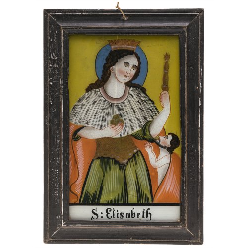 Hinterglasbild. Buchers oder Sandl. Hl. Elisabeth. Tempera/Glas. 27,5 x 17 cm.