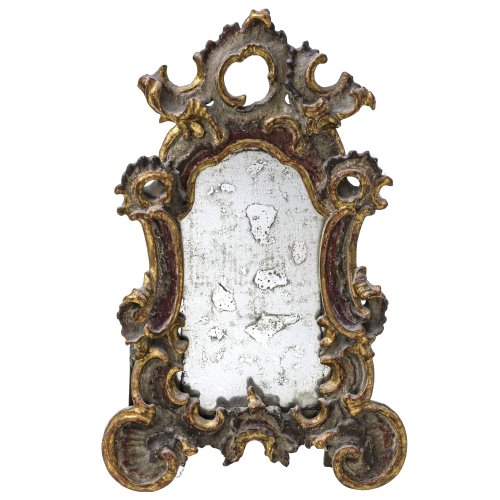 Spiegelkartusche. Holz, geschnitzt, übergangene Farb- und Goldfassung. Best. 40 x 26 cm.