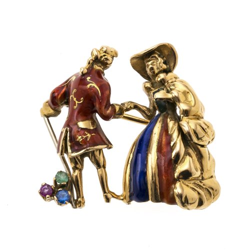 Brosche. Goldlegierung, Email. Galantes Paar.  L. 2,5 cm.