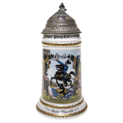 Reservistenkrug. Deutsch, Ende 19. Jh. Fayence, Krug des 1. Schw. Reiter-Regiments 