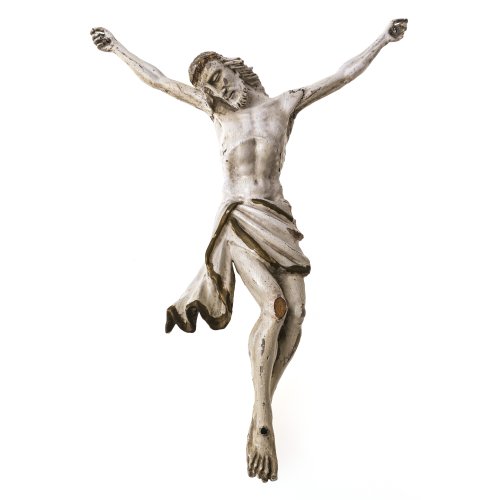 Corpus Christi. 18./19. Jh. Corpus Christi, Dreinageltypus. Holz, übergangene Farbfassung in Weiß und Gold. Besch., Arme rep. L. ca. 43 cm.