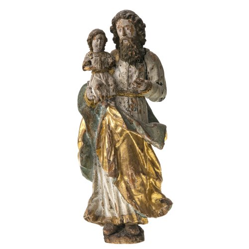 Süddeutsch, 18. Jh. Hl. Josef. Holz, übergangene Farbfassung. Finger fehlen, besch., rep. H. 51 cm.