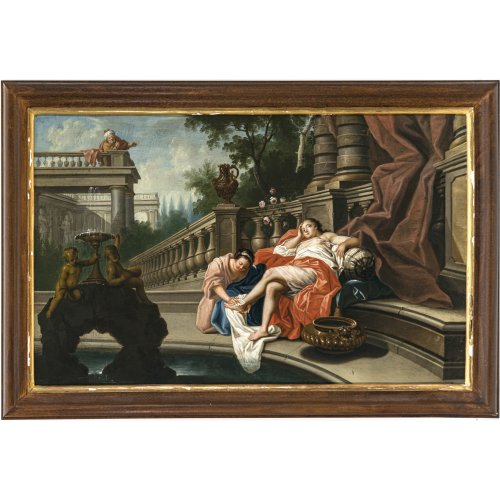Frankreich, um 1800. Susanne im Bade. Öl/Kupfer. 32,5 x 52 cm.