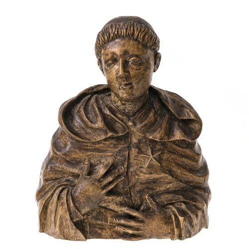 Süddeutsch, 19. Jh. Büste eines Heiligen, vermutlich des Nikolaus von Tolentino. Holz. H. 38,5 cm. Best.