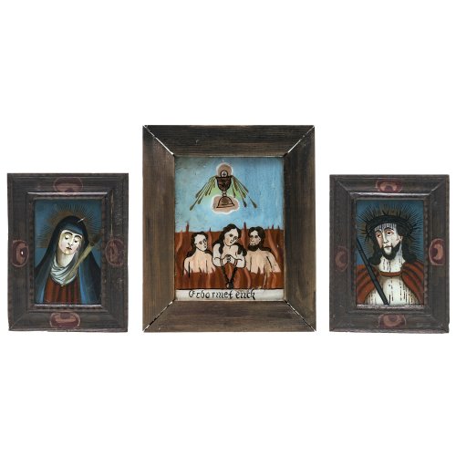 Drei Hinterglasbilder. Süddt., Arme Seelen im Fegefeuer, Schmerzensmann und Mater Dolorosa, Tempera/Glas, leichter Farbabrieb. Zweimal 13 x 9 cm  und 17 x 13,5 cm.