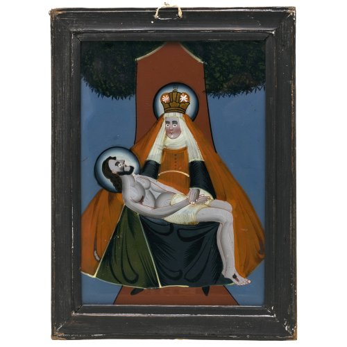 Hinterglasbild. Buchers oder Sandl. Pietà. Tempera/Glas, 26,5 x 18,5 cm. Glas mit min. Kratzspuren.
