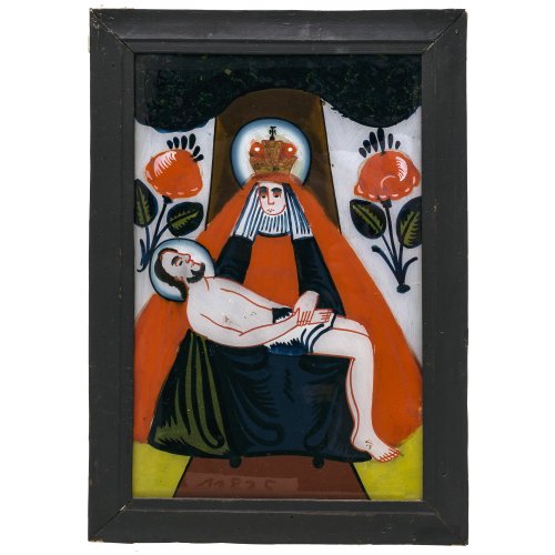 Hinterglasbild. Buchers oder Sandl. Pietà. Tempera/Glas, 28,5 x 18,5 cm.