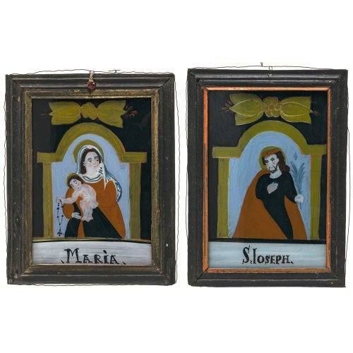 Zwei Hinterglasbilder. Maria und Josef. Buchers oder Sandl, 19. Jh. Tempera/Glas. Je 19 x 13 cm.