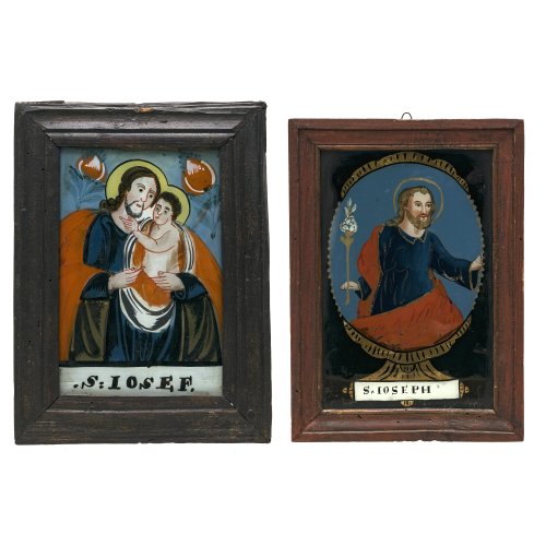 Zwei Hinterglasbilder. Sandl oder Buchers bzw. süddeutsch. Hl. Josefsdarstellungen. Tempera/Glas, je ca. 18 x 12 cm. Eines rest.