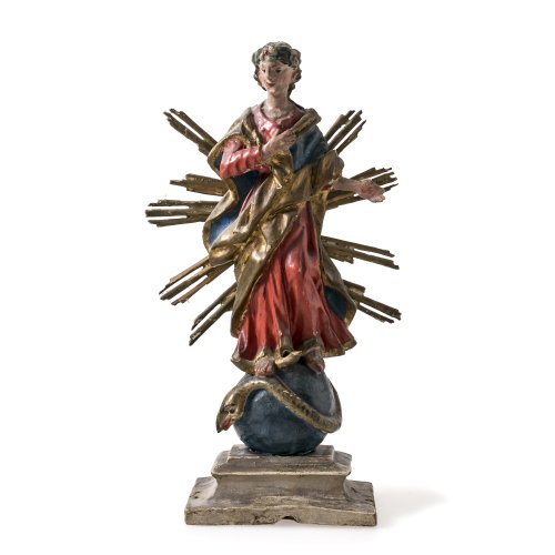 Maria Immaculata. Bayern oder Böhmen, Holz, Farbfassung. Besch. H. 29 cm.