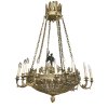 Großer Kronleuchter. Messingkorb,  18-flammig, Amorfigur aus Bronze. Leicht besch. H. ca. 100 cm, ø Korb 65 cm. Elektr.