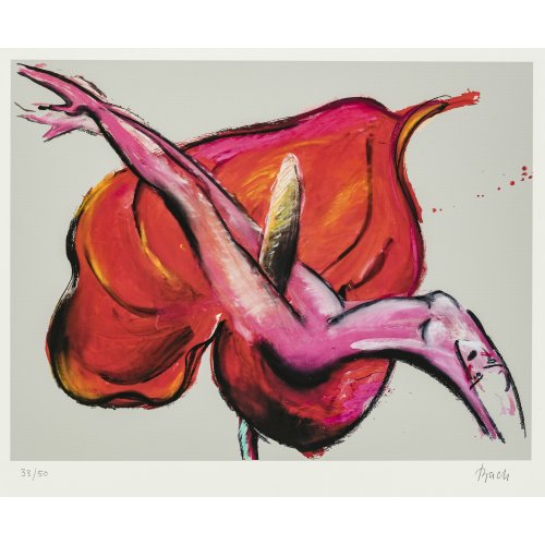 Bach, Elvira. Druckgrafik (giclée), Anthurie mit Frauenakt. 37 x 50 cm. Sign., Auflage 33/5