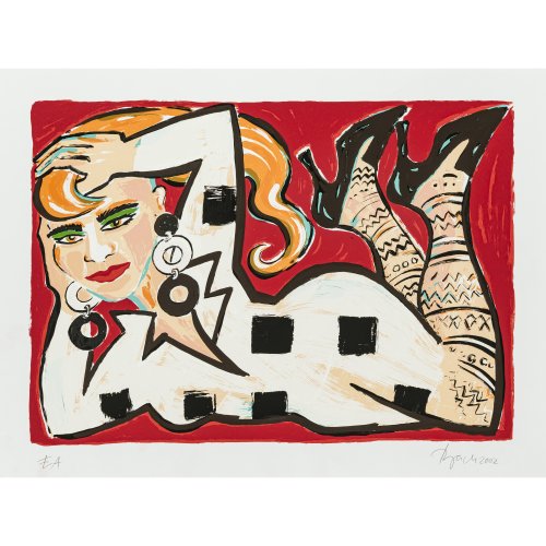 Bach, Elvira. Farbserigrafie, Liegende Frau in weißem Kleid mit schwarzen Tupfen. 50 x 70 cm. Sign., dat. 2002. EA (Epreuve d'Artiste).
