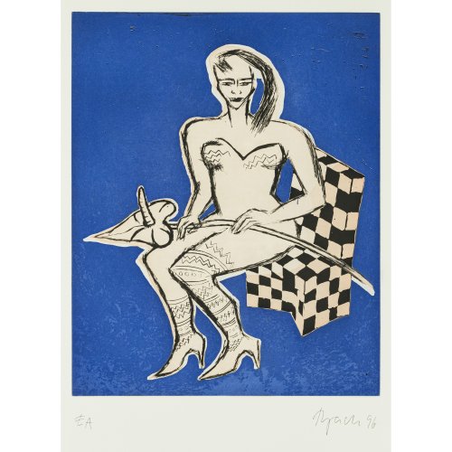 Bach, Elvira. Farbradierung, Sitzende Frau mit Anthurie. 49,5 x 39,5 cm. Sign., dat. 96. EA (Epreuve d'Artiste).