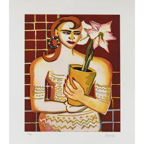 Bach, Elvira. Farbserigrafie, Frau mit Blumentopf. 62 x 49 cm. Sign., Aufl. 148/150.