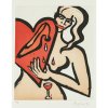 Bach, Elvira. Farbaquatinta, Frau mit tränendem Herz, Schuh und Wein. 49 x 39,5 cm. Sign., dat. 96, Aufl. 97/99.