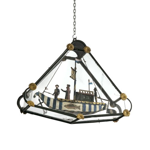 Schiffsmodell im Hängeschaukasten. Bayern, dat. 1835. Holz, bemalt. Kasten 84 x 60 x 14 cm.