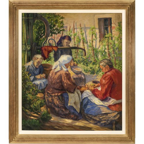 Bilek, Alois. Frauen beim Gemüseschälen im Garten. Öl/Lw. 74 x 64 cm. Sign. Stecknadelkopf großes  Löchlein mittig.