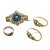 Brosche, ein Paar Ohrringe, Ring. Schaumgold, Türkis- bzw. türkisfarbener Perlbesatz. Ein Ohrring besch., ein Ohrring und Brosche rep.