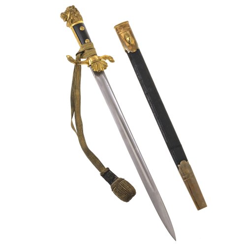 Hirschfänger, 19. Jh. Vergoldete Bronzebeschläge mit jagdlichem Dekor. Lederscheide mit Bronzelementen. Alterungsspuren, rest. L. 54 cm.