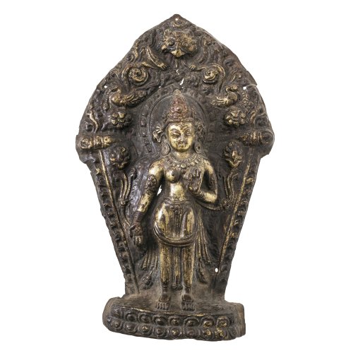 Nepal, 19./20. Jh. Bodhisattva Padmapani (weibl.), Kupferblech. Reste von Vergoldung. Risse im Blech. H. 31,5 cm.