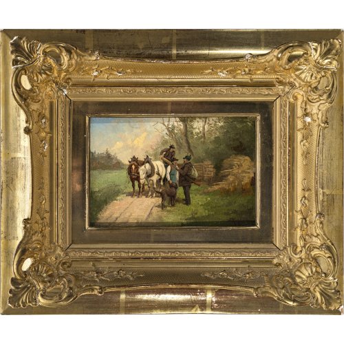 Kugelmayr, Max. Förster mit Hund vor Pferdegespann. Öl/Hartfaser. 11 x 15,5 cm. Sign.