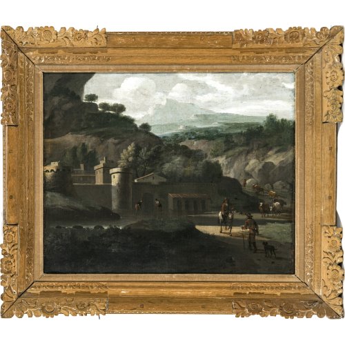 Niederlande, 17. Jh. Landschaft vor Schlosskulisse, im Vordergrund Reiter und Wanderer. Öl/Lw. 55 x 68 cm. Rest., doubl. Unleserlich sign.