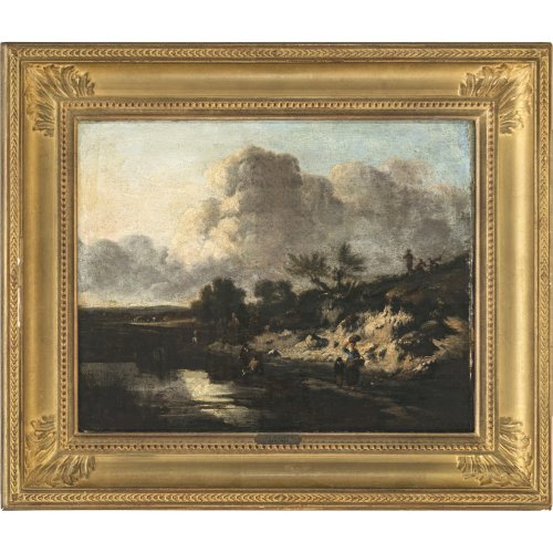 Niederlande, 17. Jh. Landschaft mit Bachlauf und rastenden Hirten. Öl/Lw. 33,5 x 42,5 cm. Rest., doubl. Unsign.