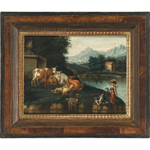 Niederlande, 18. Jh. Pastorallandschaft mit Weidetieren. Öl/Holz. 23 x 31 cm. Rest. Unsign.