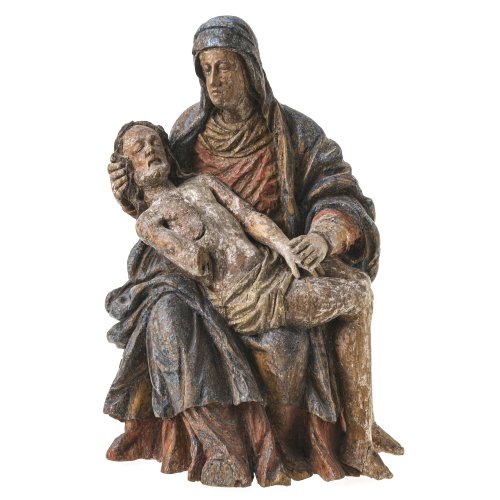 Pietà. Süddeutschland oder Österreich. Holz, Reste von Farbfassung. Besch., ein Arm , einige Finger und Fußzehen fehlen, rest. H. 42 cm.