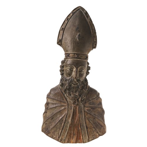 Bayern, 18. Jh. Büste eines Bischofs. Holz, übergangene Fassung. Rest. H. 63 cm.