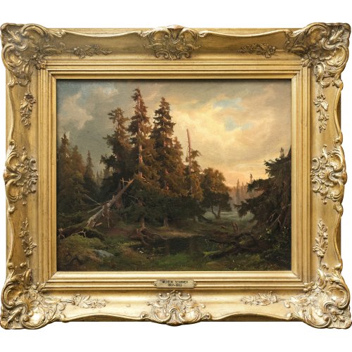 Schirmer, Wilhelm August. KLeines Waldstück in der Abendsonne. Öl/Lw. 32 x 39,5 cm Doubl., rest. Unsign.