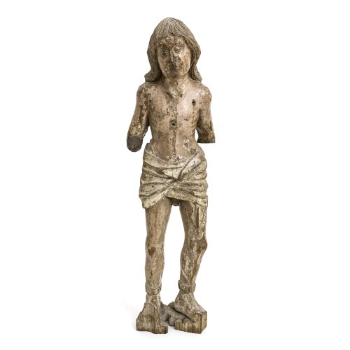 Sebastians-Prozessionsfigur. Lateinamerika. Holz, Restfassung, fragmentarisch. H. 87 cm.