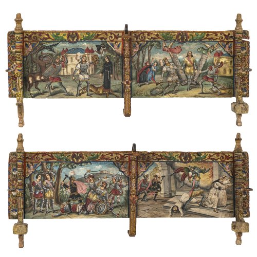 Zwei sizilianische Wagenbretter (Carretti Siciliani). Holz, farbig bemalt. Besch. Je 56 x 120 cm.