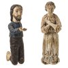Bettler- und Stifterfigur. Holz, Farbfassung bzw. Reste von Farbfassung. Ein Arm des Bettlers fehlt. Besch., rep. H. 30-31 cm.