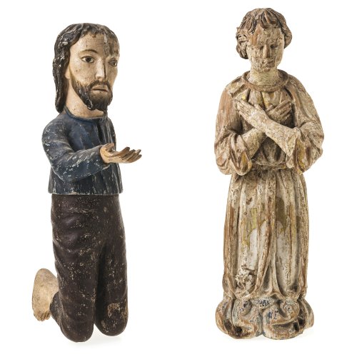 Bettler- und Stifterfigur. Holz, Farbfassung bzw. Reste von Farbfassung. Ein Arm des Bettlers fehlt. Besch., rep. H. 30-31 cm.