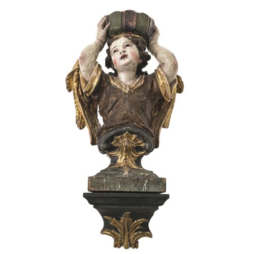 Engelsbüste. Holz, übergangene Farb- und Goldfassung. H. 39 cm. Dabei Wandkonsole, neuzeitlich. Besch.