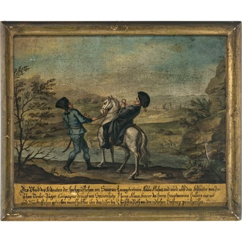 Votivtafel. Rettung des Reiters der Tiroler Jäger-Compagnie. Öl/Papier/Holz. 30,5 x 38,5 cm. Besch.