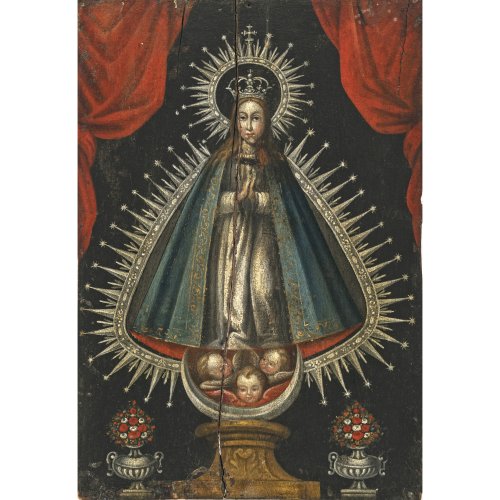 Spanien, 18. Jh. Maria Immaculata im Kegelmantel. Öl/Holz. 25 x 17 cm. Besch. (Riss). Unsign.