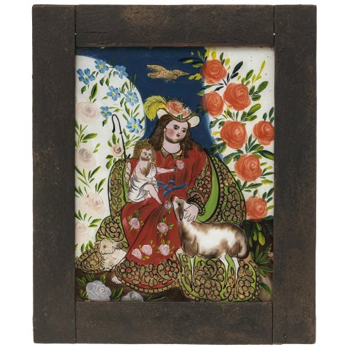 Hinterglasbild. Spanien. La divina pastora. Farbablösungen, Rückwand erg. 24 x 18,5 cm.